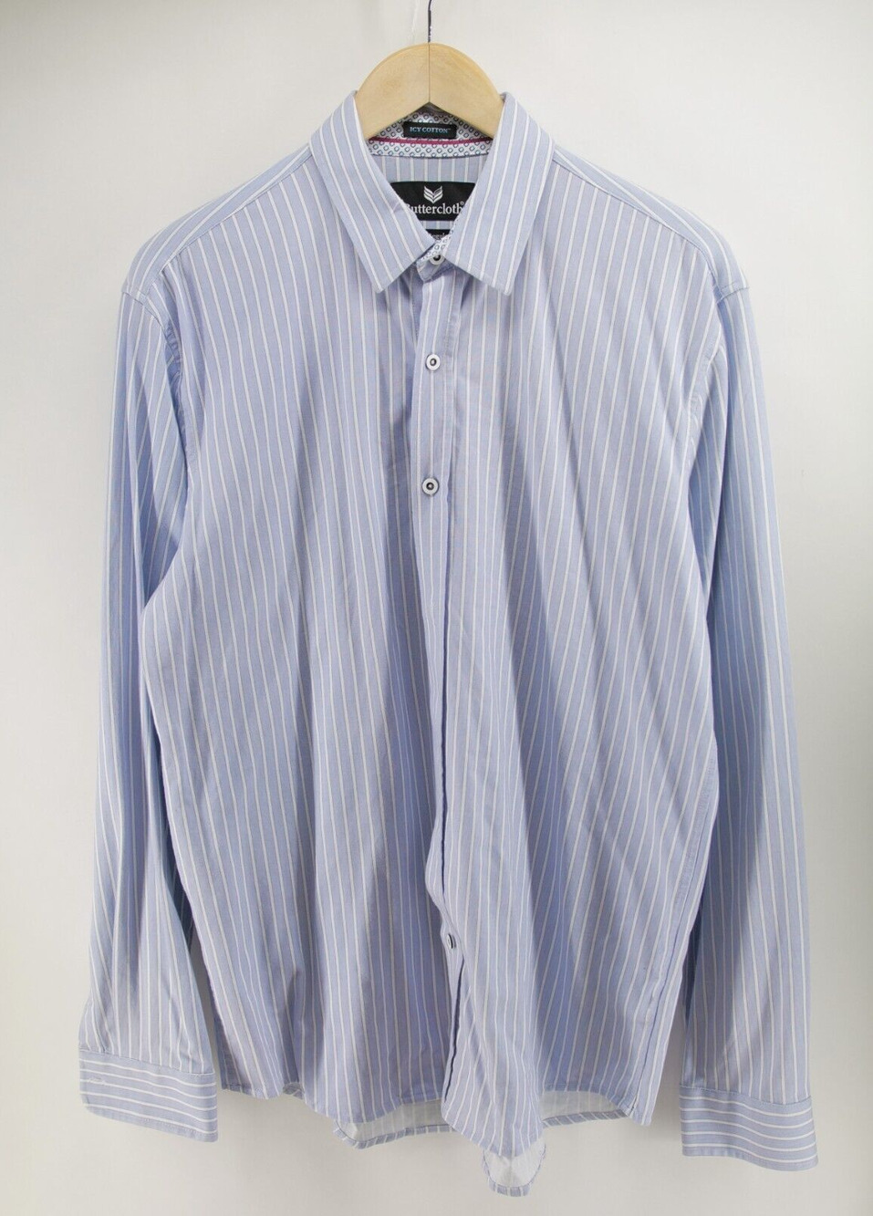 Butter Cloth Shirt Mens Large Blue White Strip Regular Fit Ice Cotton Button‎ Up